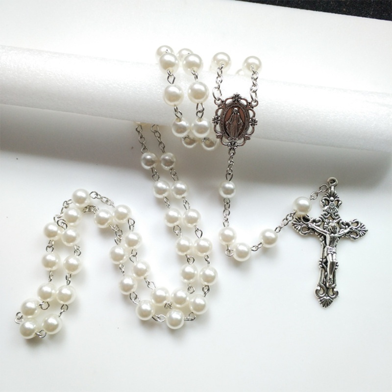 thumbnail interactive-video image 1 of Pure Luxe Jewelry 26" Stainless Steel Beaded Rosary – Virgin Mary Jesus Cross Necklace With Box 1 of 5