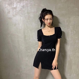 Chaniya.th🌺พร้อมส่ง🔥ชุดเดรสกระโปรงสั้นใหม่เหนือเข่าสีดำแขนพองตุ๊กตาคอเหลี่ยมแนวสาวเกาหลีสุดนักรัก✨