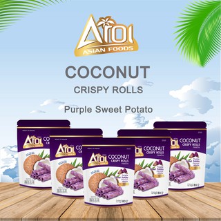 AROI COCONUT CRISPY ROLLS กลิ่นมันม่วง แพ็ค 5 ซอง ทองม้วนกะทิสด ทองม้วนกรอบ แบบซิปลอค ขนาด 80 กรัม