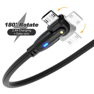 Aufu สายชาร์จ ไนล่อนถัก หมุนได้ 180 องศา 3A LED Micro USB 1 เมตร 2 เมตร สําหรับ Android