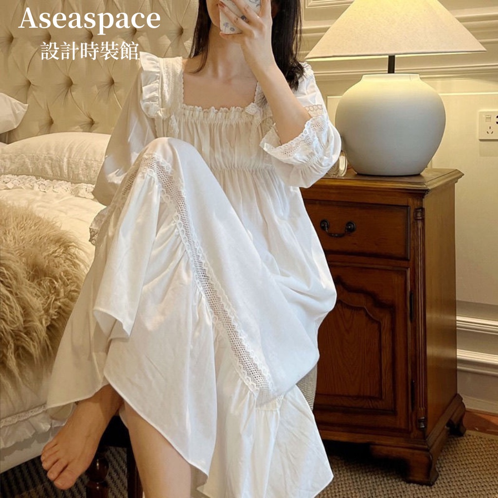 a-aseaspace-ชุดนอนกระโปรง-ผ้าฝ้ายแท้-สไตล์เกาหลี-แฟชั่นฤดูใบไม้ผลิ-และฤดูใบไม้ร่วง-สําหรับสตรี