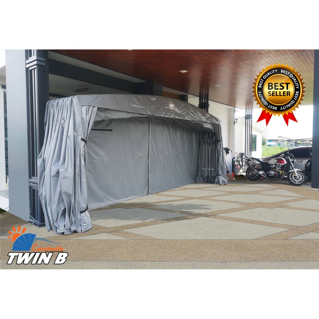 โรงจอดรถสำเร็จรูป-เต็นท์จอดรถ-carsbrella-รุ่น-twin-b-สามารถจอดรถได้-2-3-คัน-ยืด-หด-และ-พับ-เก็บได้