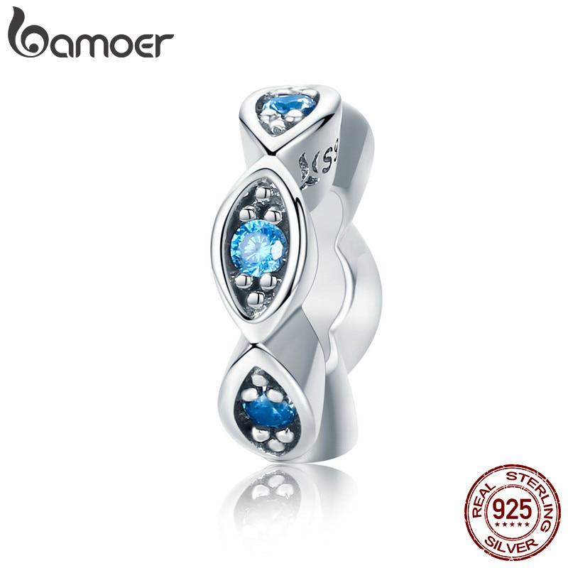 BAMOER Lucky Blue Eye Spacer Charm Beads fit Bracelet DIY Real 100% 925 Sterling Silver Glittering CZ SCC513