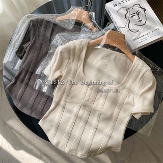 ขายดี เสื้อยืดคอสี่เหลี่ยม แขนสั้น สีเทา เข้ารูป สไตล์เกาหลี ฤดูใบไม้ผลิ ฤดูร้อน สําหรับผู้หญิง