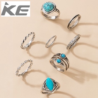 Fashion Jewelry Imitation Turquoise Inlaid Ring Set of Eight Vintage Geometric Ring Set for gi