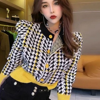 👗พร้อมส่ง🍀⚡แฟชั่นคัลเลอร์บล็อกดีไซน์คอกลมกระดุมแถวเดียวเรโทร houndstooth สเวตเตอร์ถักเสื้อสเวตเตอร์ถักผู้หญิงทุกคู่