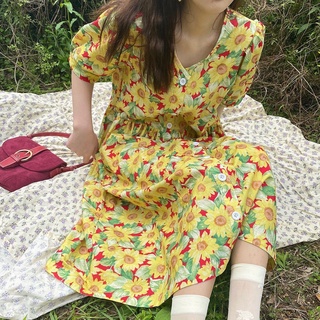ชุดเดรสลายดอกไม้สีส้มหญิง ~ กระโปรงแขนพัฟดอกทานตะวันฤดูร้อนสด