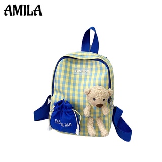 AMILAกระเป๋าเป้หมีลายการ์ตูนน่ารักสำหรับเด็ก กระเป๋านักเรียนอนุบาลลายสก๊อตเกาหลีกระเป๋านักเรียนกันน้ำ