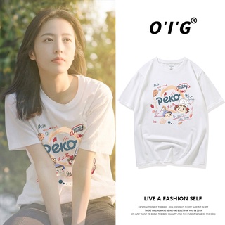 เสื้อยืดคอกลม แขนสั้น ผ้าฝ้าย พิมพ์ลาย ทรงหลวม สไตล์เกาหลี เหมาะกับฤดูร้อน สําหรับผู้หญิง แขนสั้น