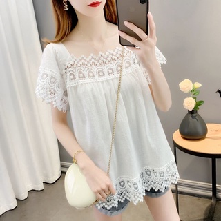 เสื้อแขนสั้น แบบโปร่ง แต่งลูกไม้ สีพื้น แฟชั่นฤดูใบไม้ผลิ และฤดูร้อน สไตล์เกาหลี สําหรับผู้หญิง