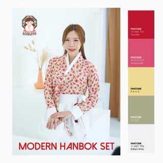 [Boraunnii] [MinChae โทนแดงสดใส] ชุดฮันบกประยุกต์ ลายดอกไม้ Summer พร้อมส่ง แถมพู่ Modern Hanbok