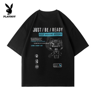 PLAYBOY เสื้อยืดลำลองพิมพ์ลายการ์ตูนรูปแมว,เสื้อยืดแขนสั้นสวมใส่สบายผ้าคอตตอนสไตล์เกาหลีไซส์ M-3XL สำหรับทุกเพศ