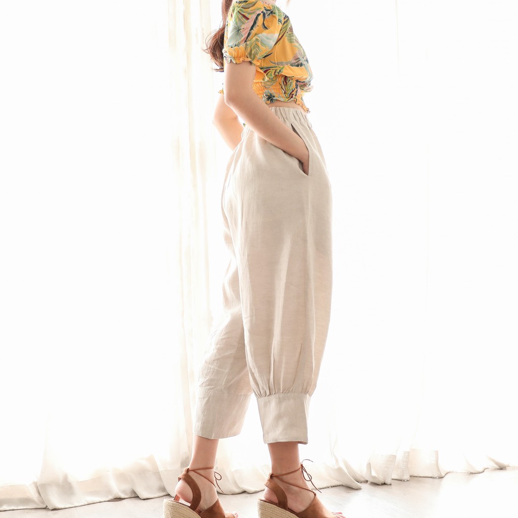 candith-กางเกงผ้าลินินธรรมชาติแต่งปลายขา-สีเบจ