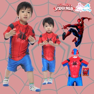 ชุดว่ายน้ำเด็กผู้ชาย Spiderman เสื้อแขนสั้นกางเกงขาสั้น มาพร้อมหมวกว่ายน้ำและถุงผ้า กันแดด ใส่สบาย ลิขสิทธิ์แท้