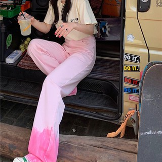 กางเกงสีชมพู ยีนส์ไล่โทนสี ผู้หญิง หลวม หน้าร้อน ขากว้าง เอวสูง บาง ซับตรงทุกแมทช์