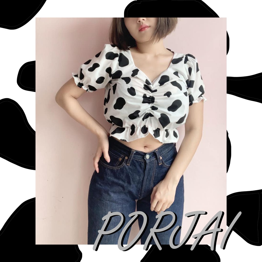 porjai-เสื้อครอปลายวัวสม๊อค-แถมผ้าสามเหลี่ยม-งานตัดร้าน-มีจำกัดนะคะ