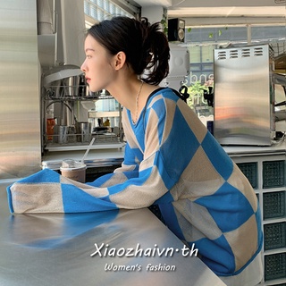 สินค้า Xiaozhainvเสื้อสเวตเตอร์กันแดดแขนยาวลายตารางสีเวอร์ชั่นเกาหลี