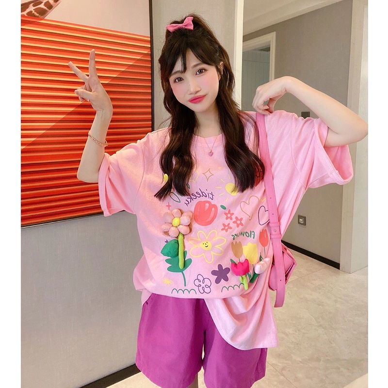ten-th-การ์ตูนสามมิติดอกไม้พิมพ์เสื้อยืดแขนสั้นผู้หญิง-2022-ฤดูร้อนใหม่หลวม-cherry-blossom-บุคลิกภาพอารมณ์-top