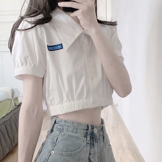 ใหม่ เสื้อเชิ้ตแขนพัฟ สั้น คอปก สีขาว แบบบาง แฟชั่นฤดูร้อน สําหรับเด็กผู้หญิง