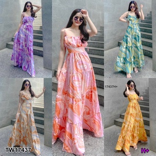 B17437 แม็กซี่เดรสสายเดี่ยวผูกไหล่ พิมลายหินอ่อน One-shoulder maxi dress in marble print