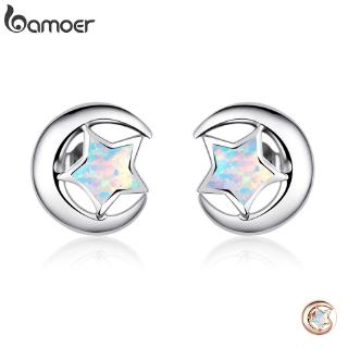 BAMOER 2 Colors Moon and Star Opal Stud Earrings for Women Genuine 925 Sterling Silver