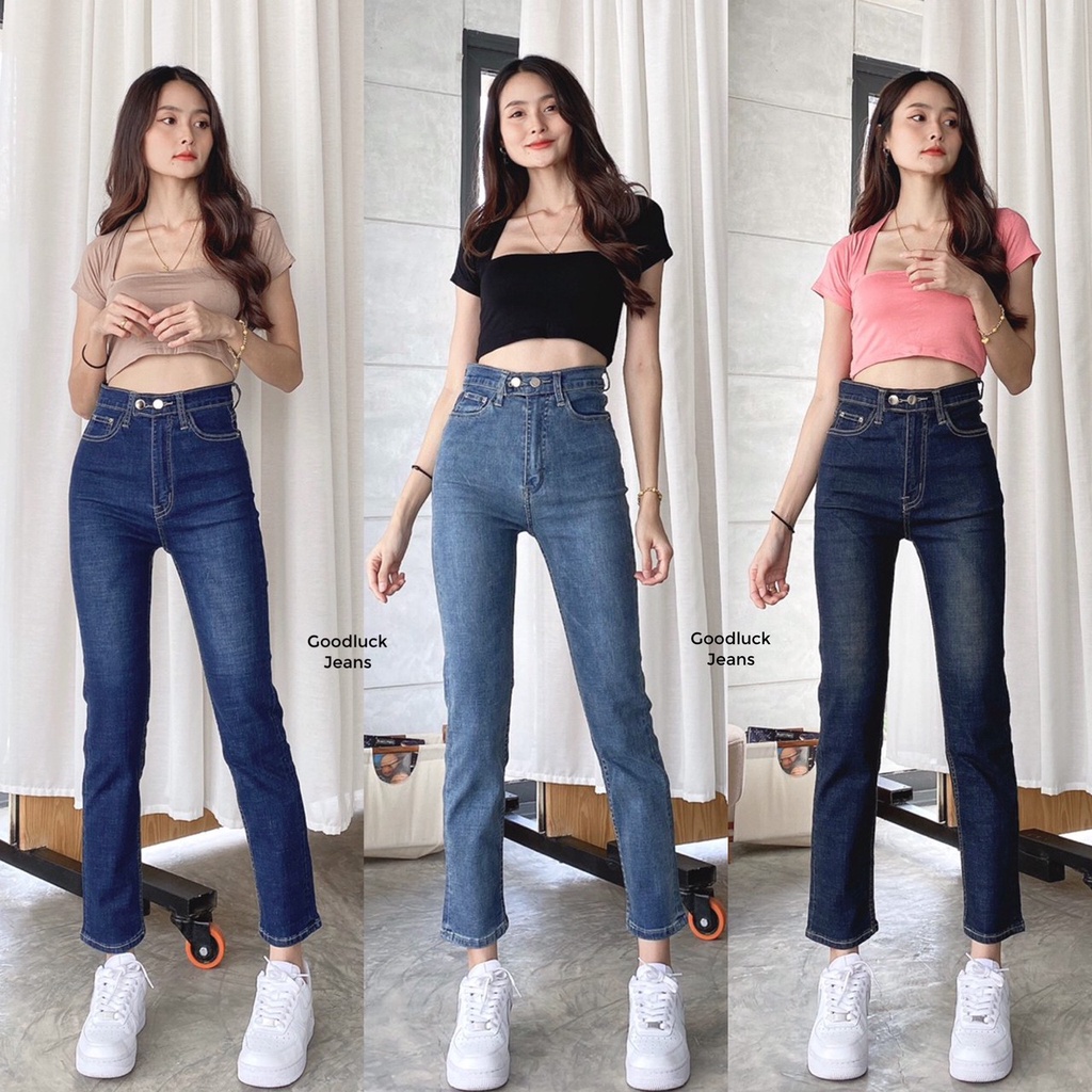 new-collection-xoxo-premium-jeans-กางเกงยีนส์ผญ-กางเกงยีนส์ทรงบอยสลิมผ้านอกยืดเยอะเอวสูงปิดสะดือ-กระดุม2เม้ดผ้าใส่สบาย