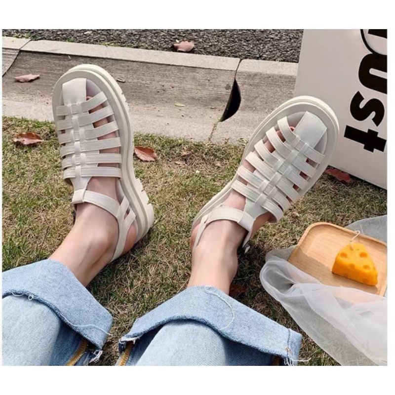 พร้อมส่ง-รองเท้าแตะ-ส้นหนา-คาดสานๆ-kr-18-สี-ขาวครีม