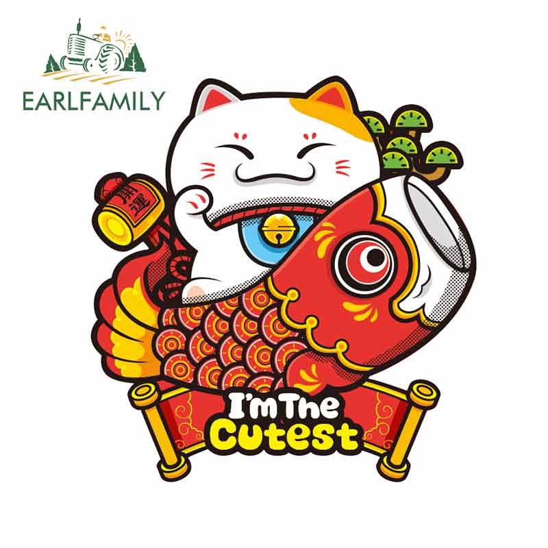 earlfamily-สติกเกอร์ไวนิล-ลายแมวนําโชค-และปลากราฟฟิตี้-13-ซม-x-12-5-ซม-สําหรับติดตกแต่งรถยนต์
