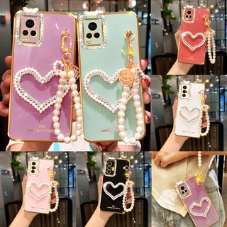 เคสโทรศัพท์มือถือแบบนิ่ม ลายหัวใจ ประดับเพชร พร้อมสายคล้องสั้น ไข่มุก สําหรับ OPPO A76 A96 A16 A95 A74 5G A15 A15s A54 A53 A33 A52 A92
