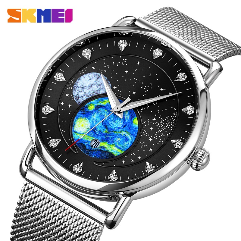 skmei-นาฬิกาข้อมือควอตซ์แฟชั่น-สายแสตนเลส-กันน้ํา-หน้าปัดแสดงวันที่-ดีไซน์จักรวาล-สําหรับสุภาพบุรุษ