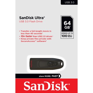 ภาพขนาดย่อของภาพหน้าปกสินค้าSanDisk Ultra USB 3.0 64GB, USB3.0,อ่าน 100MB/s (SDCZ48_064G_U46, Black) จากร้าน sandisk_thailand_officialshop บน Shopee ภาพที่ 1
