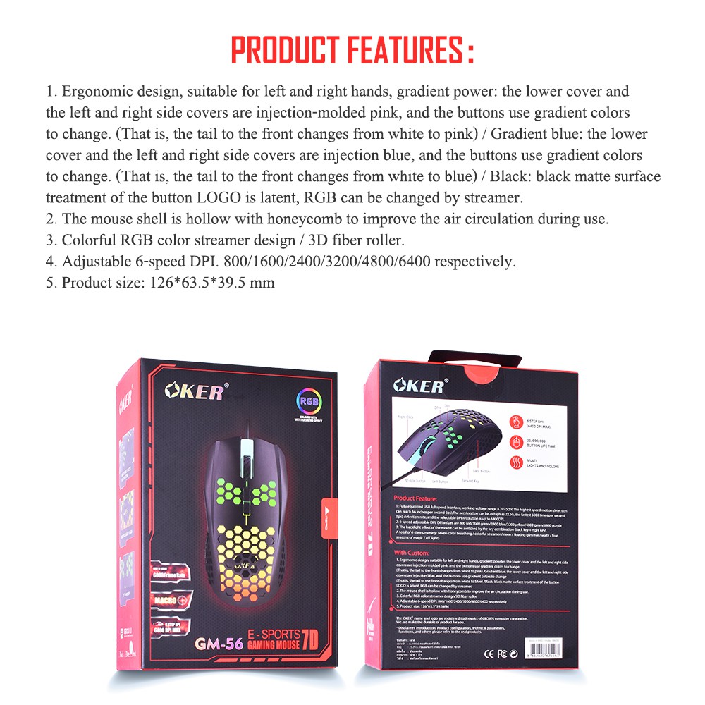 ภาพสินค้าOKER GM-56 Optical Gaming Mouse เมาส์เกมมิ่งมาโคร RGB ดีไซน์กรอบแบบรังผึ้ง ปรับได้ 800-6400 DPI รับประกันสินค้า 1 ปี จากร้าน lava_it บน Shopee ภาพที่ 8