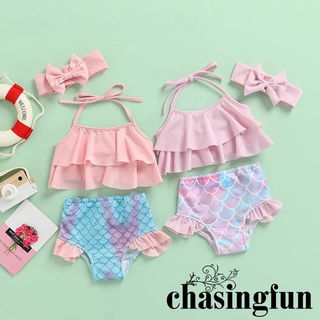 CHF-Toddler Girls 3Pcs Bikini Set, Solid Color Ruffle Halter Tops + Mermaid Bottom + Headband Set