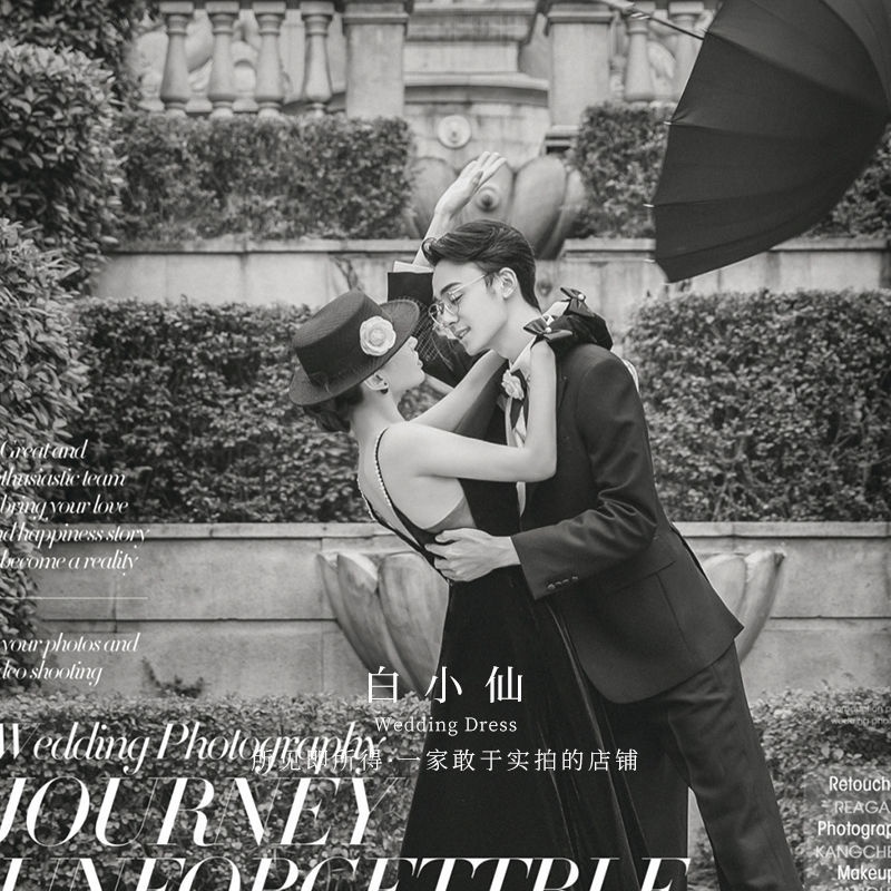สตูดิโอถ่ายภาพใหม่แสดงรูปแบบการถ่ายภาพงานแต่งงานฝรั่งเศสหนังนิ่มสีดำเฮปเบิร์ลมคู่ภาพชุดหญิง