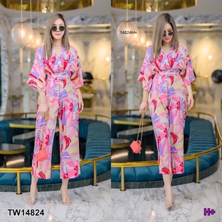 TW14824 Jumpsuit #สาวอวบ จั๊มสูทขายาว อกไขว้กิโมโน งานซิปหลัง สม็อกเอวหลัง ช่วงเอวด้านหน้าเย็บจับจีบ ผ้าโพลีเอสเตอร์