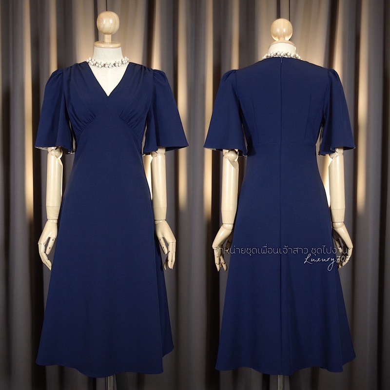 luxury707-fn8107-ชุดไปงานแต่ง-midi-dress-คอวี-แขนกระดิ่ง