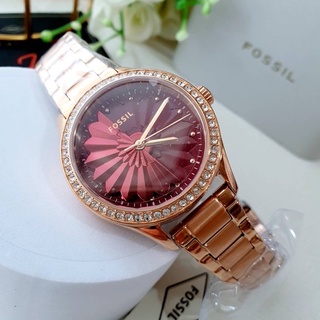 (ผ่อน0%) Fossil BQ3768 Rye Three-Hand RoseGold-Tone Stainless Steel Watch นาฬิกาหน้าปัดสีแดงล้อมคริสตัล 34มม. สีโรสโกลด์