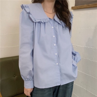 พร้อมส่ง🔥 เสื้อเชิ้ตสีน้ำเงินเสื้อนักเรียนหลวม JK เสื้อคอตุ๊กตาเสื้อเชิ้ตสไตล์ญี่ปุ่น 2 สี