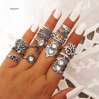 【Fairy】แหวนนิ้วมือ รูปมงกุฎ สไตล์โบโฮ เรโทร 16 ชิ้น ต่อชุด