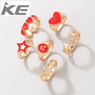 Hand Jewelry Red Cherry Pentagram Love Peach Heart Shaped Geometric Drop Ring 6-Piece Set for