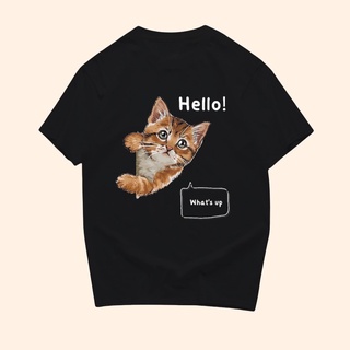 【hot sale】เสื้อยืด สกรีน ลาย แมว Hello what’s up พร้อมส่ง🔥