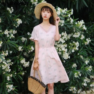 ‼️SALE‼️พร้อมส่ง ALYABOOMTY Mori Girl Hollow Out Floral Dress #Pink