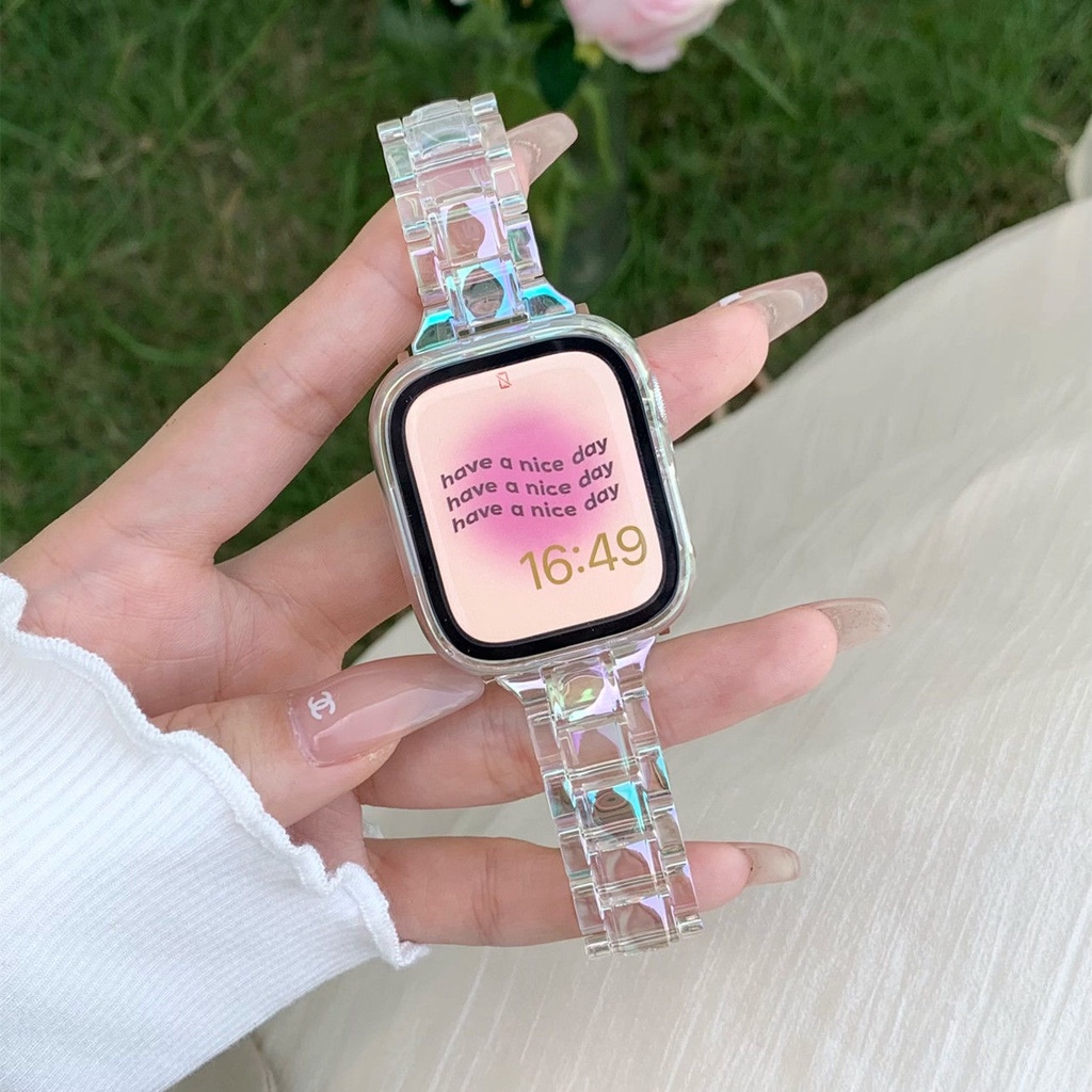 hot-sale-ins-เหมาะสำหรับ-applewatch7-รุ่นเลเซอร์สายโปร่งใส-apple-watch-654321-เรซิ่นสายรุ้ง-se-ฤดูร้อน