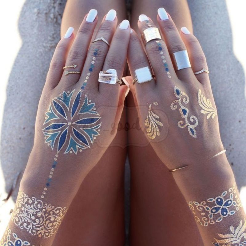 พร้อมส่ง-แทททูสติกเกอร์-สีทองเงินโทนฟ้า-gold-foil-tattoo-sticker