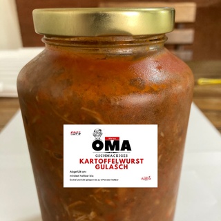 EBFS OMAs Sausage-Potatoe Goulash 680 ml. Preserved in a jar, stored dark and cool. Kartoffelwurst Gulasch 680 ml, eing