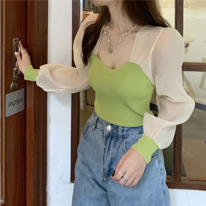 cici-58036-เสื้อไหมพรมแขนชีฟองลุคลูกคุณหนูน่ารักสุดไร