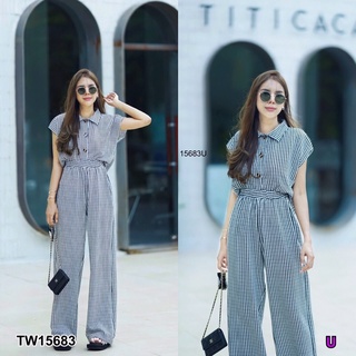 TW15683 Set 2 ชิ้น เซ็ตเชิ้ตลายสก๊อตแขนล้ำ พร้อมกับกางเกงเข้าชุด เนื้อผ้าอัดพลีทเกาหลี