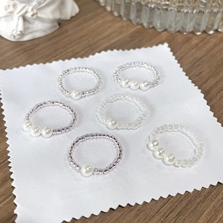 แหวนลูกปัดมุก เอ็นยืด สายสีขาว เงิน ชมพู White Pearl Bead Elastic Ring White Silver Pink