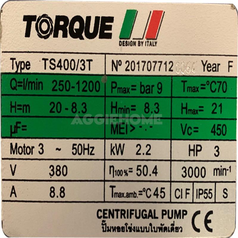 torque-ปั๊มไฟฟ้า-ปั๊มหอยโข่ง-รุ่นts400-3t-3hp-3x3นิ้ว-380v-ปั๊มหอยโข่งใบพัดเดี่ยว-ใบพัดทองเหลือง