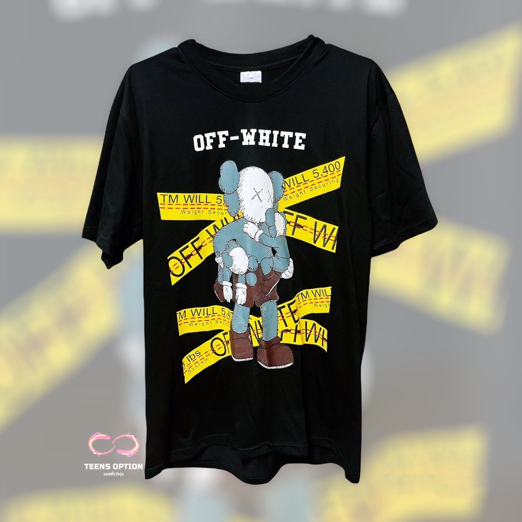 เสื้อยืดโอเวอร์ไซส์เสื้อoff-white-น้อง-kaws-แถบเหลือง-สกรีนเต็มหน้าหลัง-พร้อมส่ง-ชาย-หญิงs-3xl